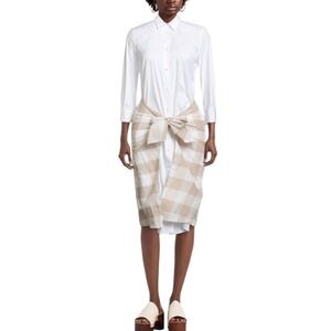 Sara Roka LICETT Women Sz‎ 40White Gingham Wrap Shirt Dress Italy Tan Check Midi